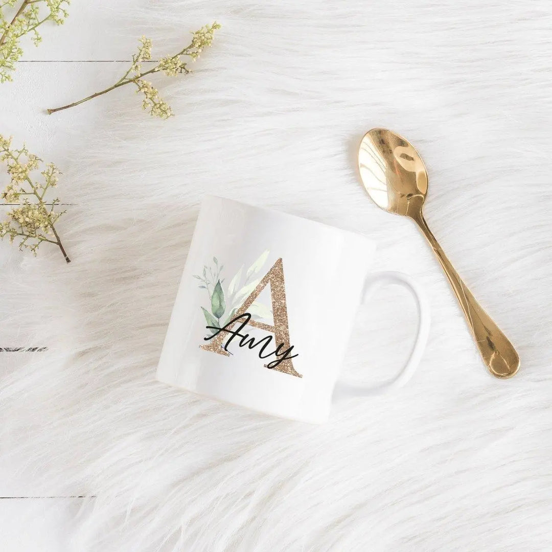 Personalised Initial Mug, Personalized Name Mug, Bridesmaid Mug, Ladies Custom Name Mug, Gold Glitter Mug, Floral Mug, Custom Name Mug, Name - Amy Lucy