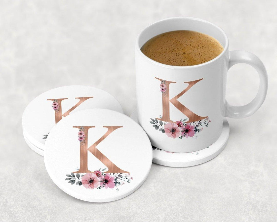 Personalised Initial Mug Set, Initial Mug, Rose Gold Monogram Mug, Monogram Mug Set, Coaster Mug, Flower Rose Gold Mug, Floral Mug - Amy Lucy