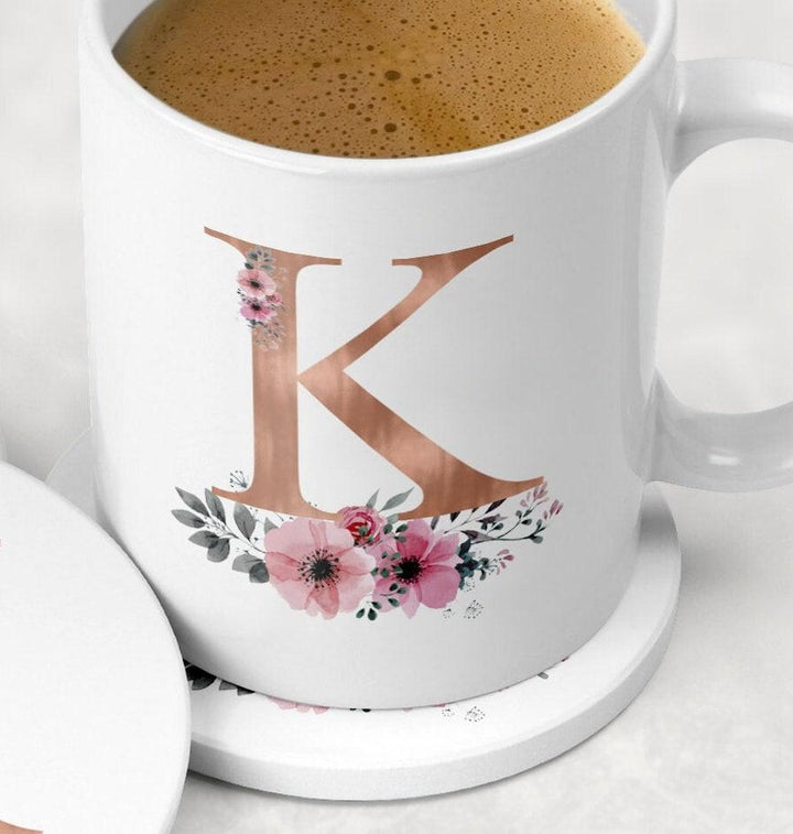 Personalised Initial Mug Set, Initial Mug, Rose Gold Monogram Mug, Monogram Mug Set, Coaster Mug, Flower Rose Gold Mug, Floral Mug - Amy Lucy