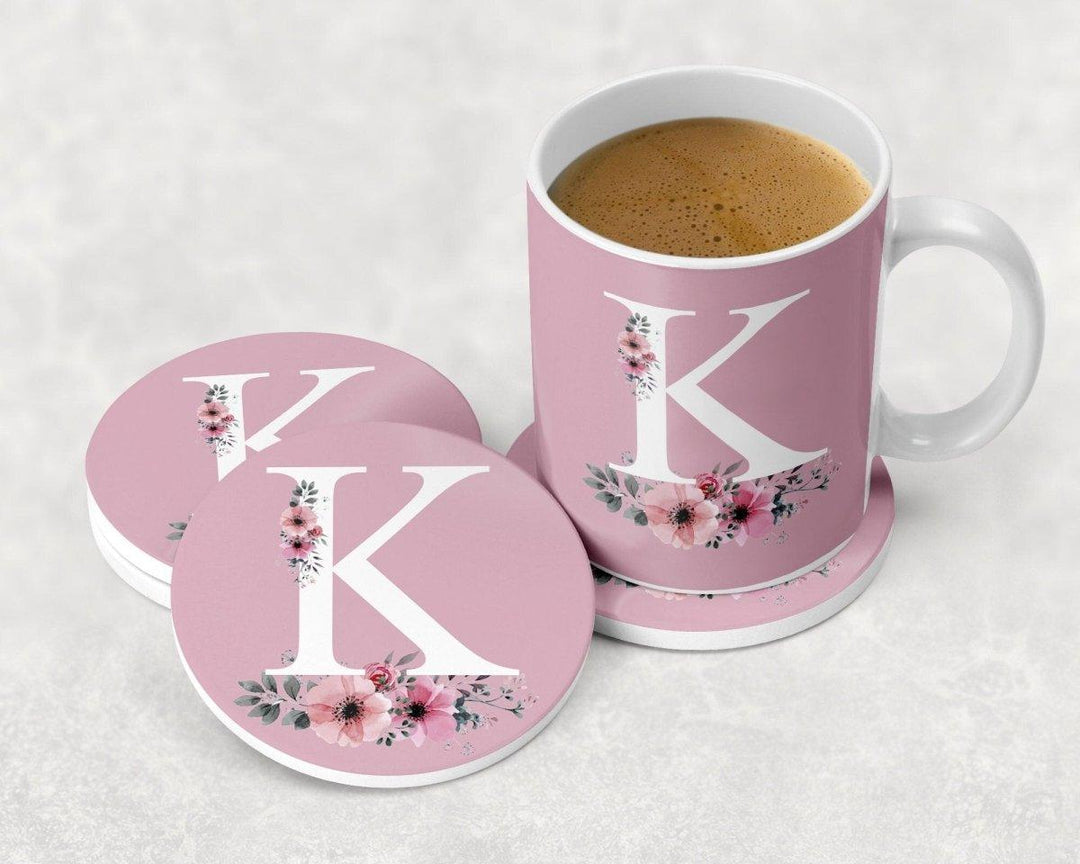 Personalised Initial Mug Set, Initial Mug, Rose Gold Monogram Mug, Monogram Mug Set, Coaster Mug, Flower Rose Gold Mug, Floral Mug Pink - Amy Lucy