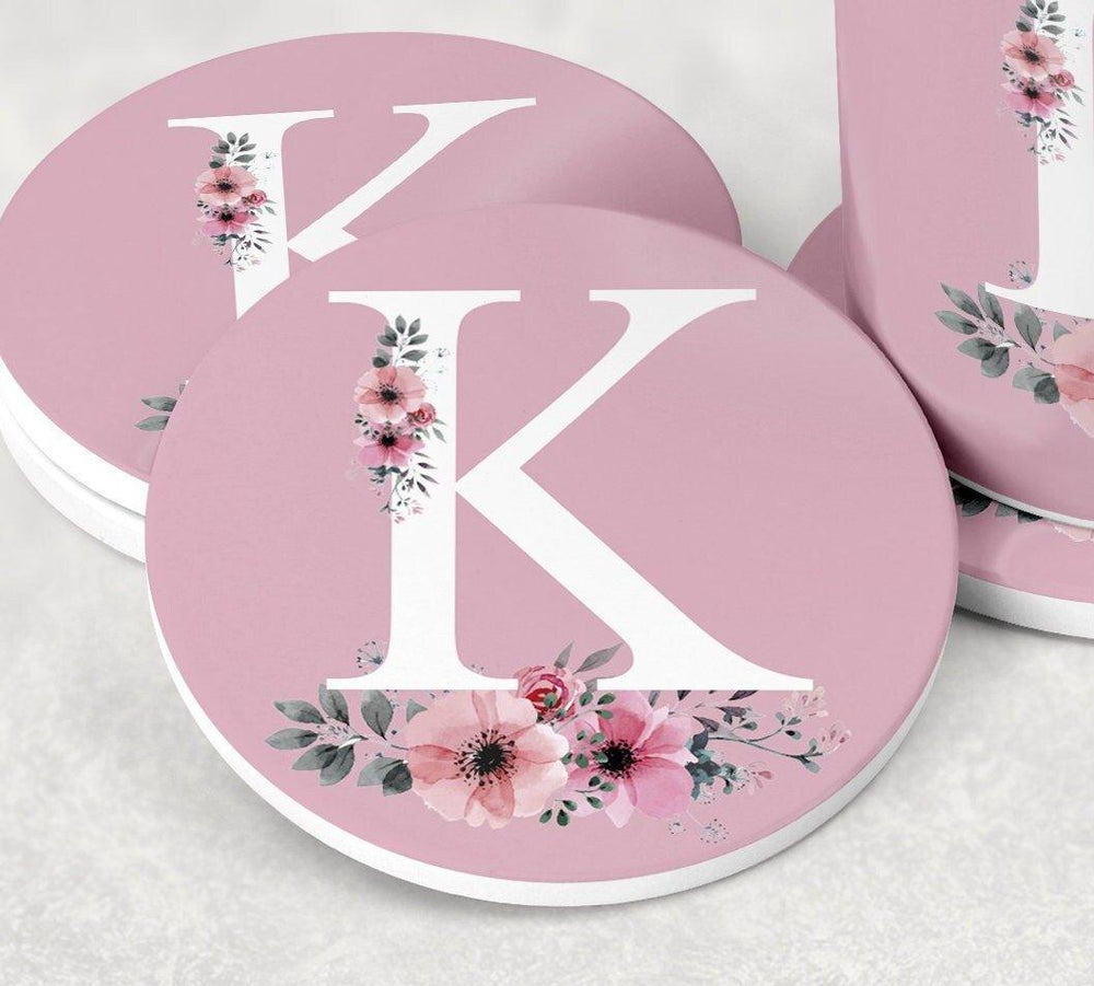 Personalised Initial Mug Set, Initial Mug, Rose Gold Monogram Mug, Monogram Mug Set, Coaster Mug, Flower Rose Gold Mug, Floral Mug Pink - Amy Lucy