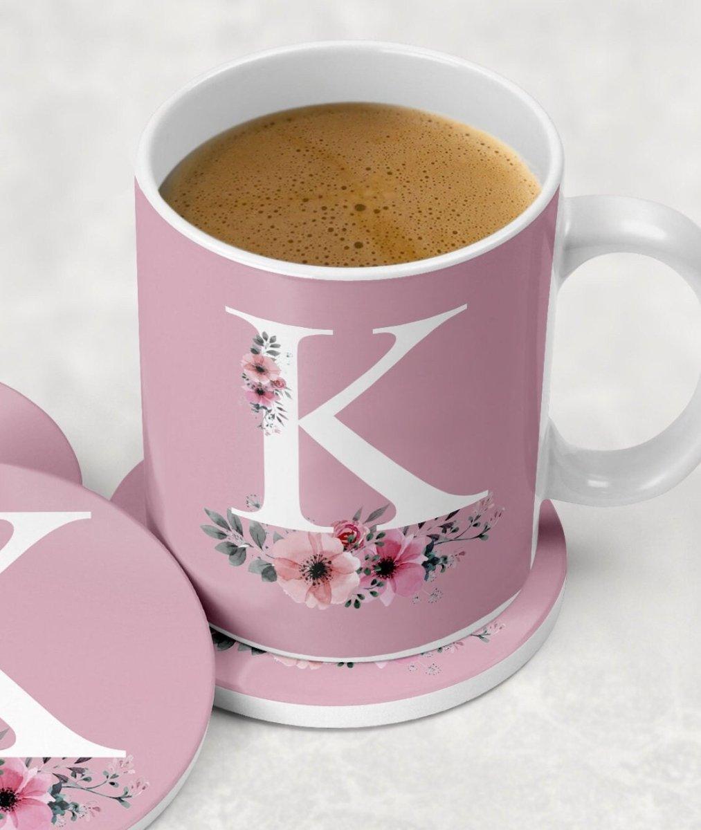 Personalised Initial Mug Set, Initial Mug, Rose Gold Monogram Mug, Monogram Mug Set, Coaster Mug, Flower Rose Gold Mug, Floral Mug Pink - Amy Lucy