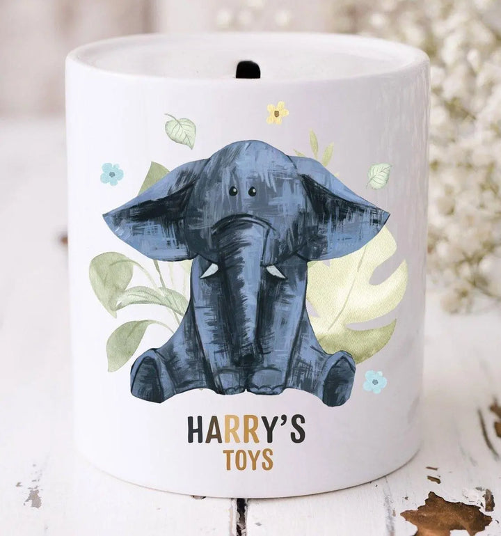 Personalised Jungle Money Box, Elephant Money Box, Jungle Theme, New Baby Gift, New Baby Money Box, Bedroom D?cor, Piggy Bank, Elephant - Amy Lucy