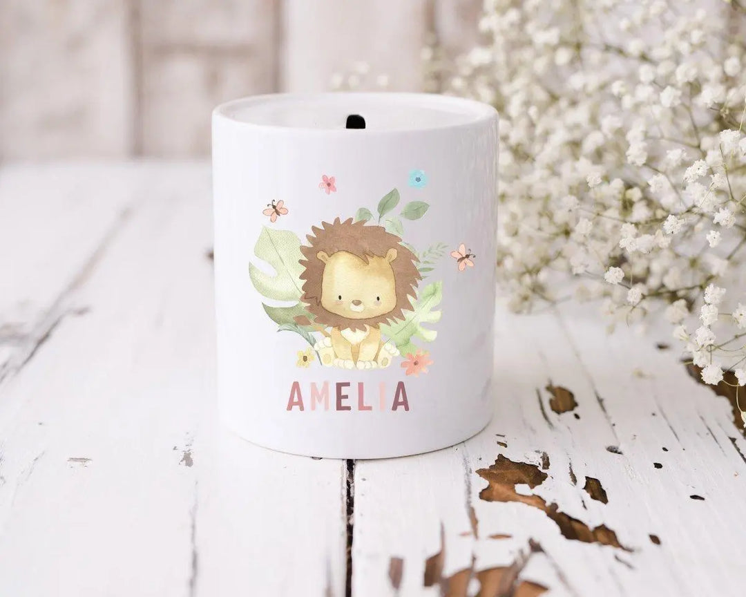 Personalised Jungle Money Box, Lion Money Box, Jungle Theme, New Baby Gift, New Baby Money Box, Bedroom D?cor, Piggy Bank Money Box, Box - Amy Lucy