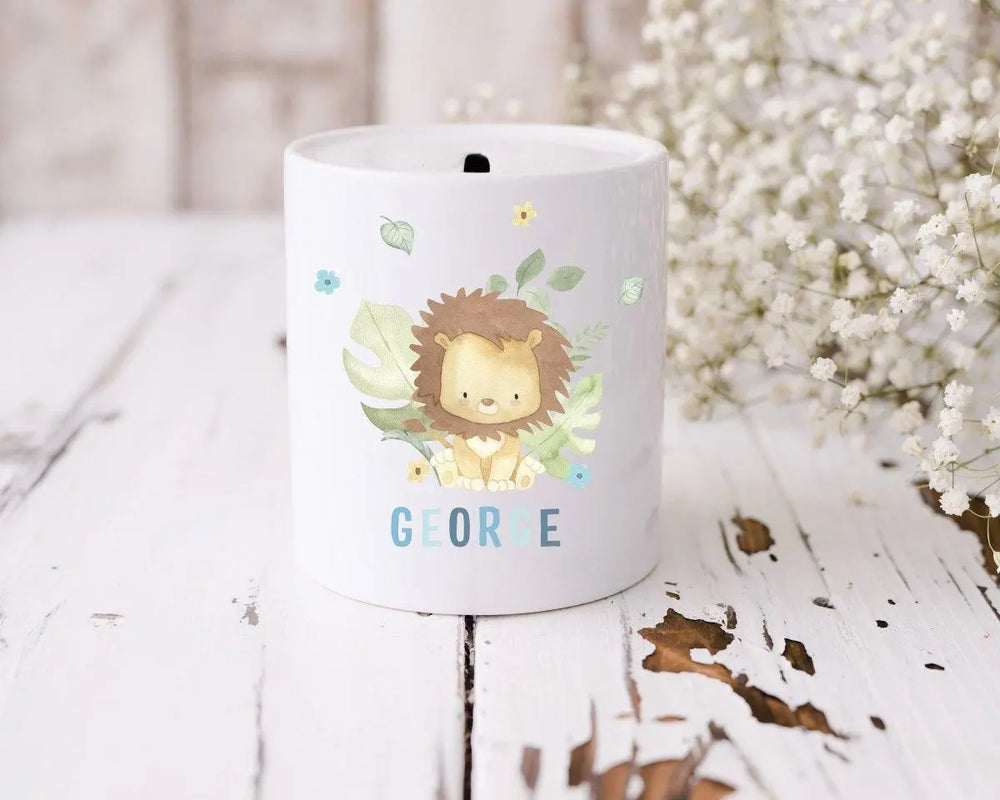 Personalised Jungle Money Box, Lion Money Box, Jungle Theme, New Baby Gift, New Baby Money Box, Bedroom D?cor, Piggy Bank Money Box, Box - Amy Lucy