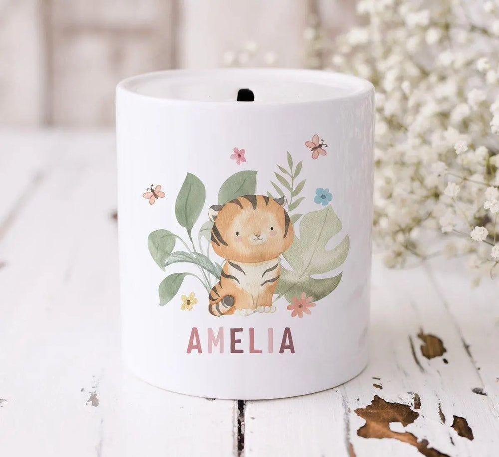 Personalised Jungle Money Box, Tiger Money Box, Jungle Theme, New Baby Gift, New Baby Money Box, Bedroom D?cor, Piggy Bank Money Box, Box - Amy Lucy