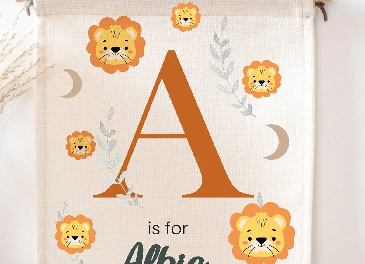 Personalised Jungle New Baby Flag, Safari Baby Wall Hanging, Lion Baby Nursery Wall Art, New Baby Gift, Nursery Art, Wall Art, Pennant Flag, - Amy Lucy