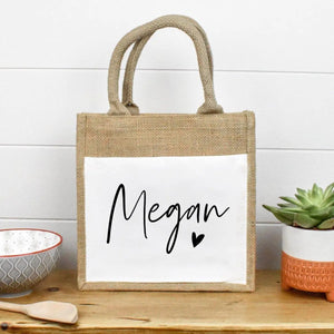 Personalised Jute Lunch Bag, Name Heart Lunch Bag, Personalised Lunch Bag, Name Lunch Bag, Eco Friendly Lunch Bag, Lunch Bag, Eco Lunch Bag - Amy Lucy