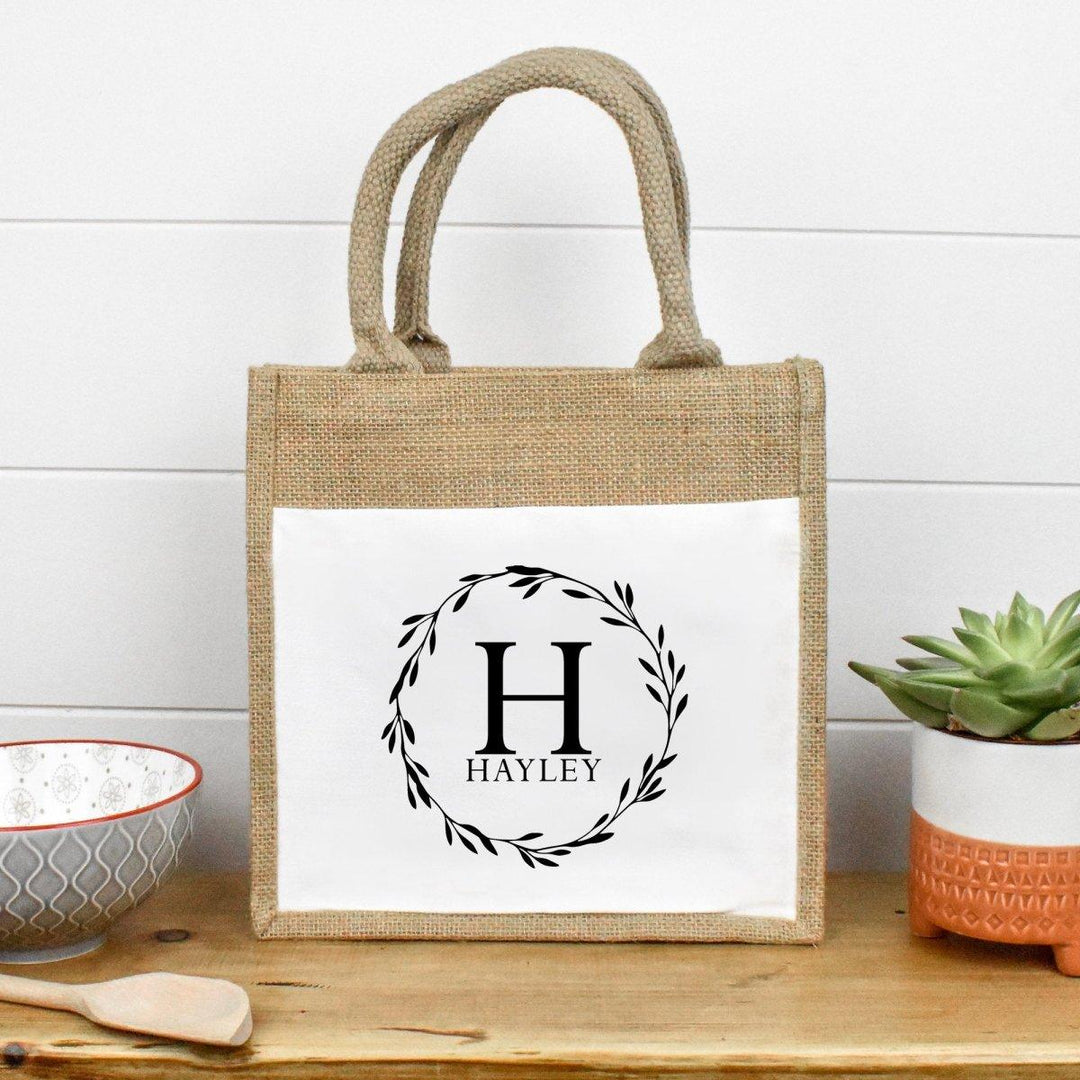 Personalised Jute Lunch Bag, Personalised Letter Wreath Lunch Bag, Personalised Lunch Bag, Name Lunch Bag, Eco Friendly Lunch Bag, Lunch Bag - Amy Lucy