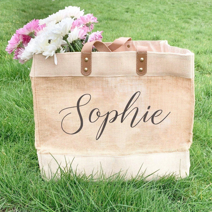 Personalised Jute Shopping Bag, Custom Name Jute Bag, Bridesmaid Totes, Beach Bag, Hessian Travel Bag, Personalised Bags, Jute Bags, For Her - Amy Lucy