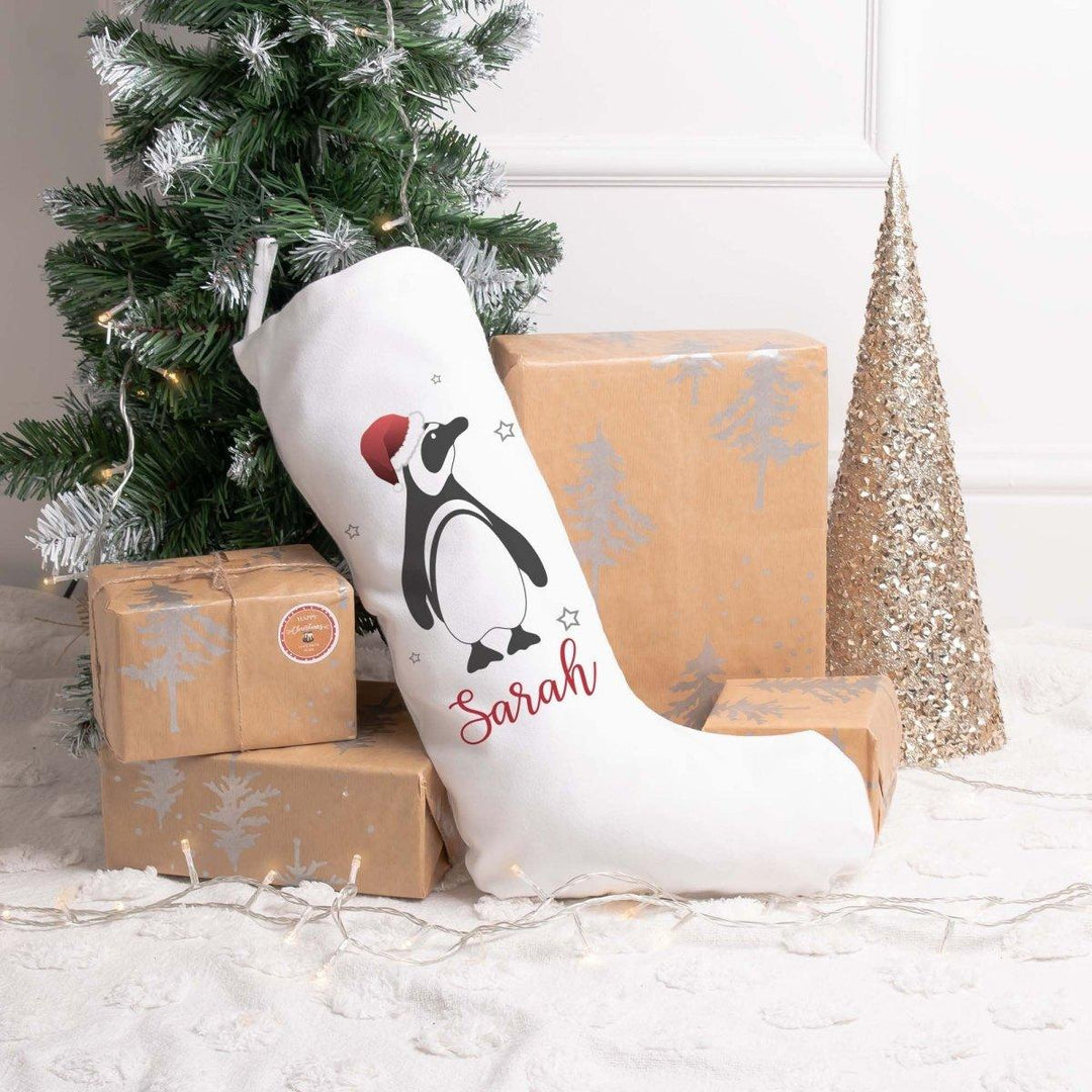 Personalised Kids Christmas Stocking, Penguin Stocking, Christmas Family Decoration, Penguin Christmas Decor, Linen Christmas Stocking, Gift - Amy Lucy