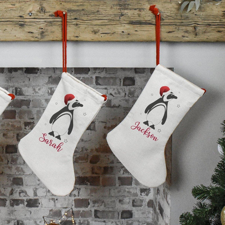 Personalised Kids Christmas Stocking, Penguin Stocking, Christmas Family Decoration, Penguin Christmas Decor, Linen Christmas Stocking, Gift - Amy Lucy