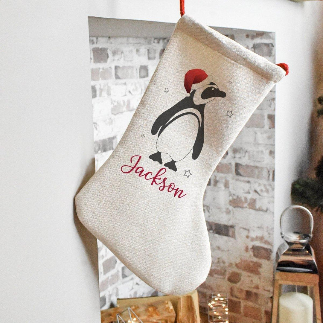 Personalised Kids Christmas Stocking, Penguin Stocking, Christmas Family Decoration, Penguin Christmas Decor, Linen Christmas Stocking, Gift - Amy Lucy