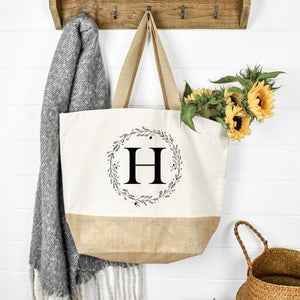 Personalised Large Tote Bag, Initial Tote Bag, Uni Bag, Personalised Jute Shopping Bag, Large Book Bag, Custom Printed Bag, Wreath Large Bag - Amy Lucy