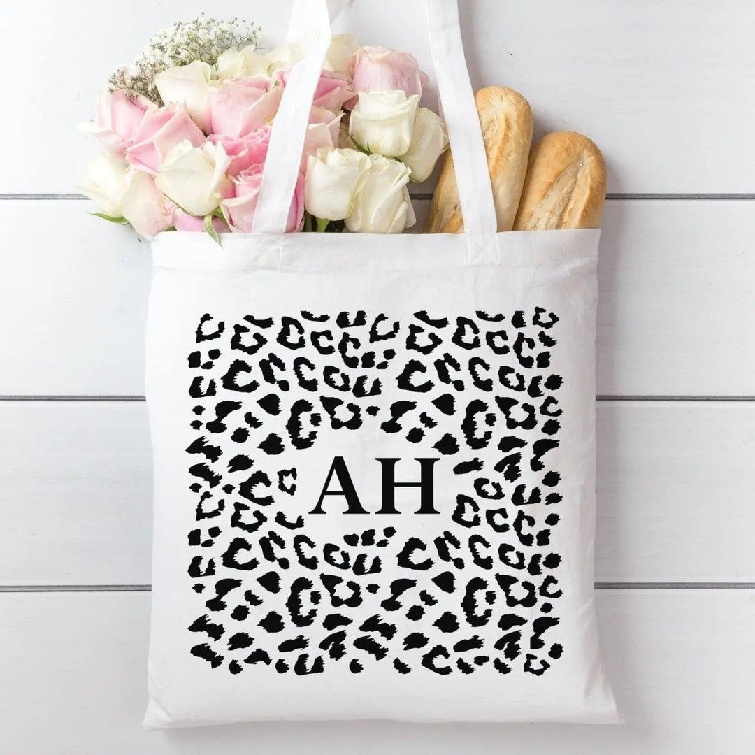 Personalised Leopard Print Tote Bag, Leopard Print Bag, Personalised Initial Tote Bag, Black and White Leopard Print, Personalised Tote Bag - Amy Lucy