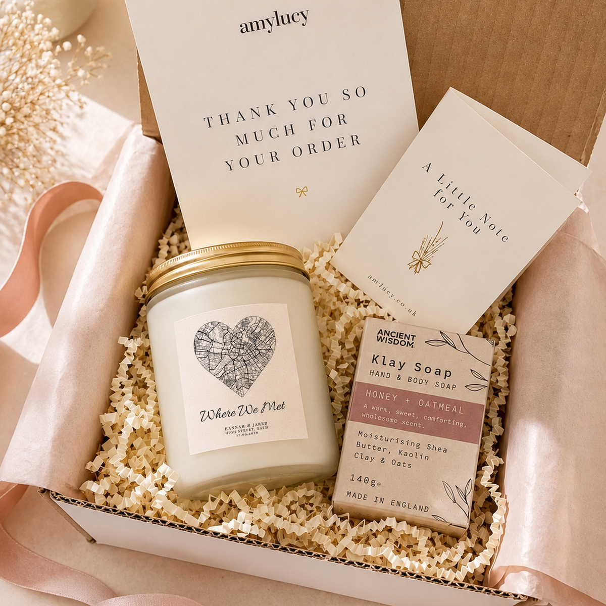 Close-up of the personalised label on the personalised Map Location Candle Gift