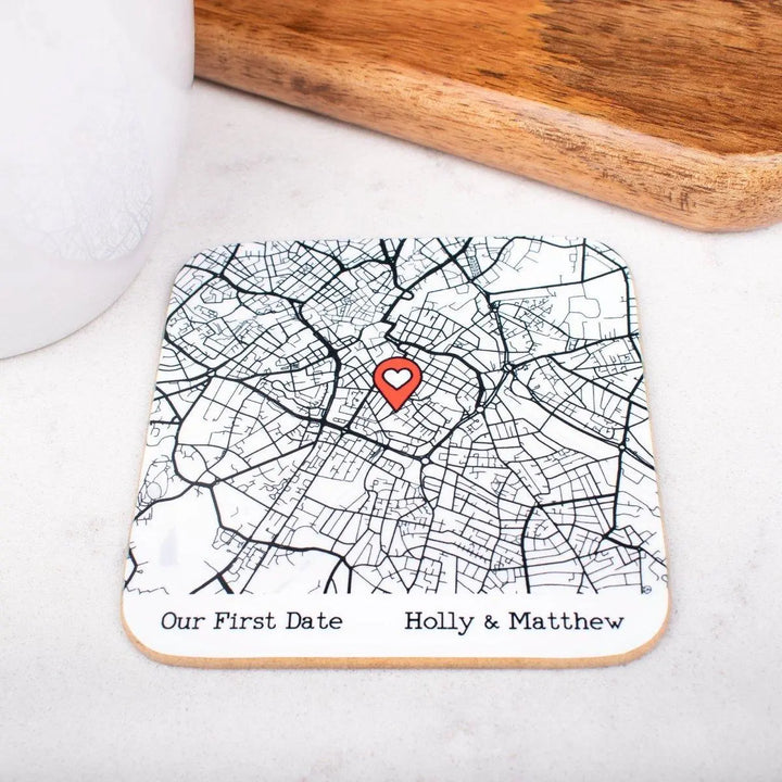 Personalised Map Pin Coaster, Couples Gift, Lovers Present, Custom Map Name, Keepsake, Boyfriend, Girlfriend, Husband, Wife, Engagement, Mat - Amy Lucy