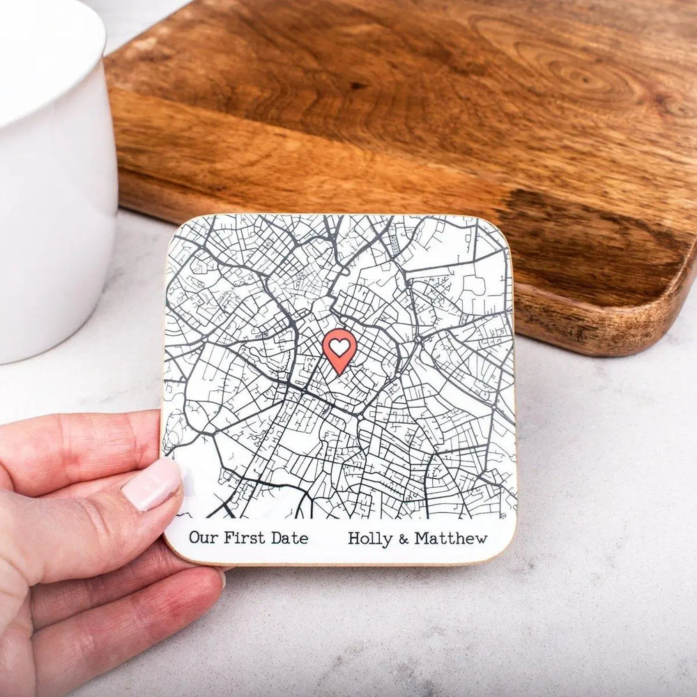 Personalised Map Pin Coaster, Couples Gift, Lovers Present, Custom Map Name, Keepsake, Boyfriend, Girlfriend, Husband, Wife, Engagement, Mat - Amy Lucy