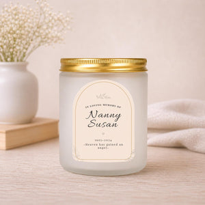 Close-up of the personalised label on the personalised Memorial Candle