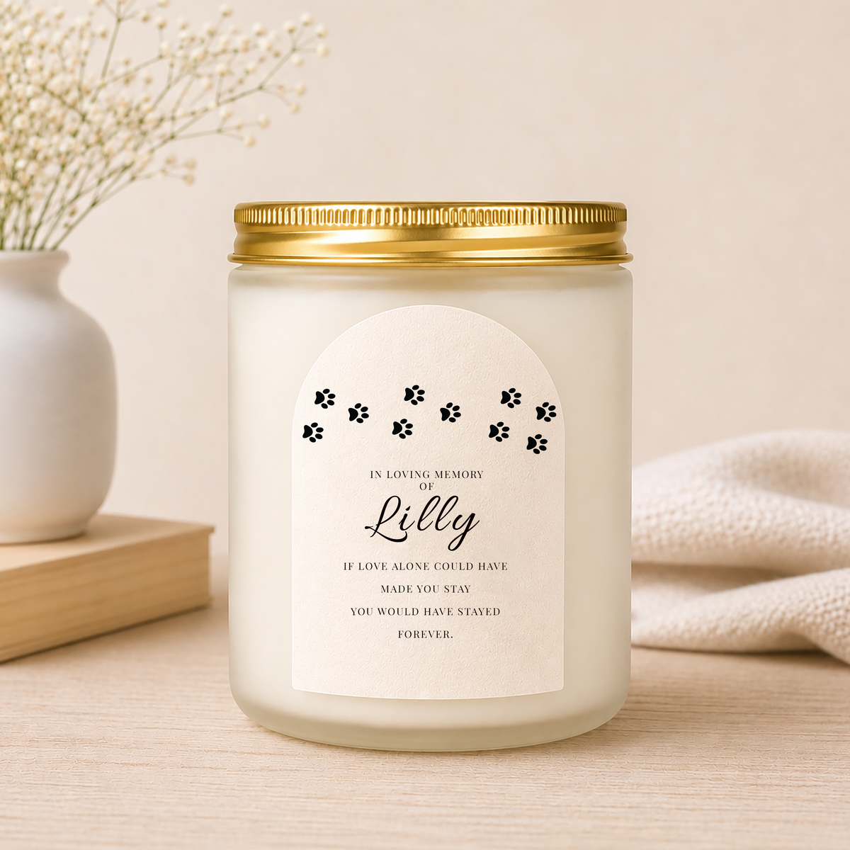 Close-up of the personalised label on the personalised Metallic Pet Memorial Candle