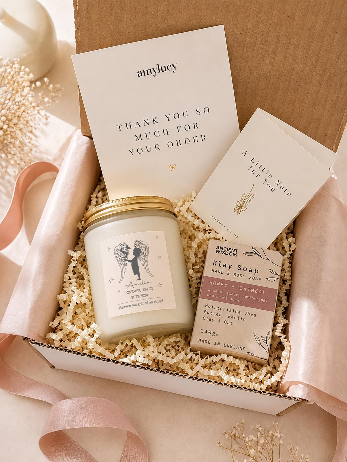Close-up of the personalised label on the personalised Miscarriage Memorial Candle