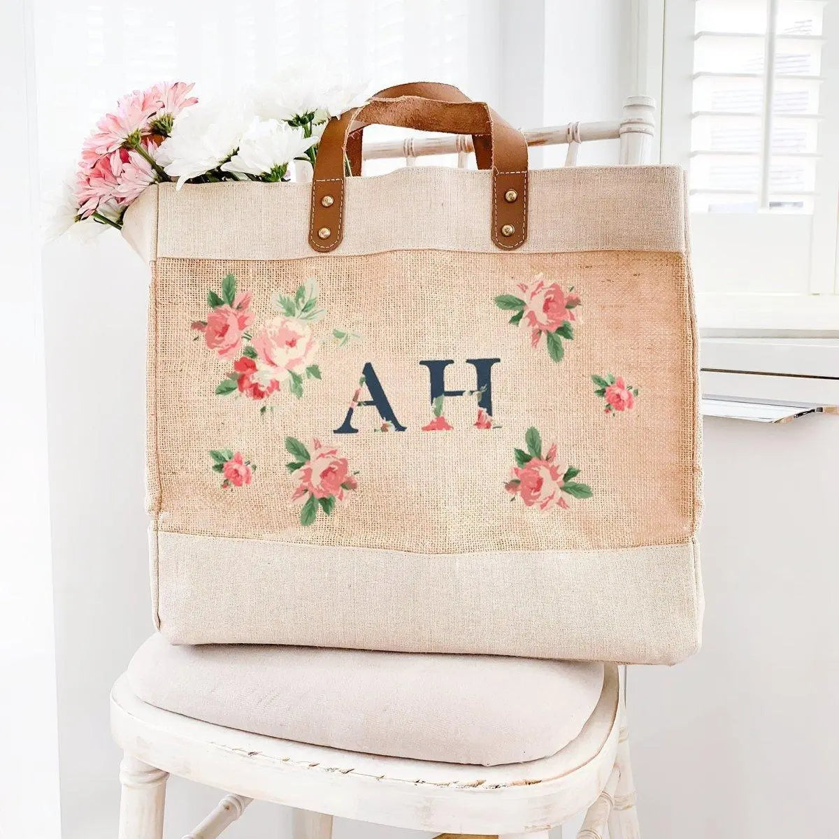 Personalised Monogram Jute Bag, Personalised Floral Print Tote Bag, Luxury Bridal Gifts, Gifts for Her, Mother&#39;s Day Bag, Custom Tote Bag - Amy Lucy