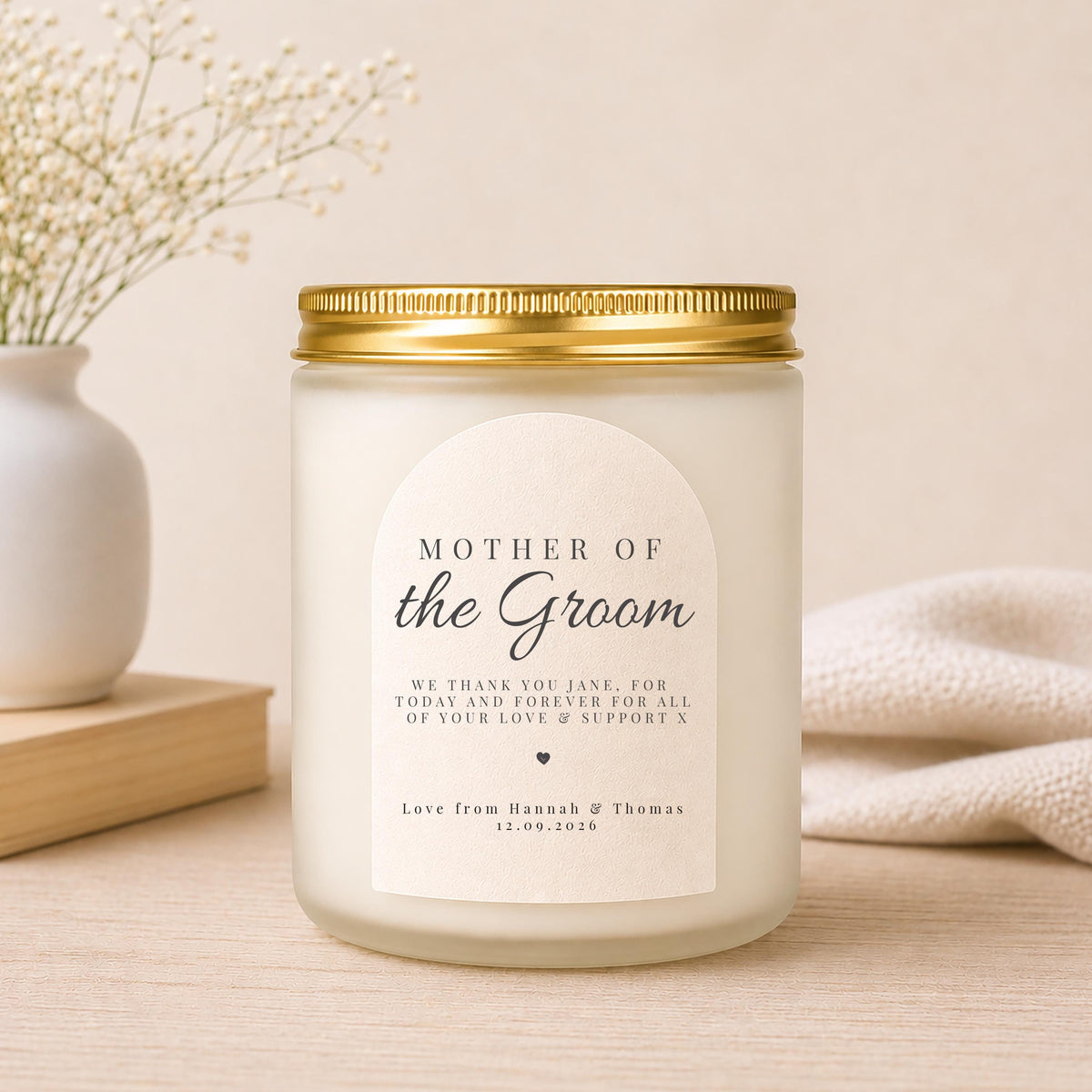 Close-up of the personalised label on the personalised Mother of the Groom Candle Gift