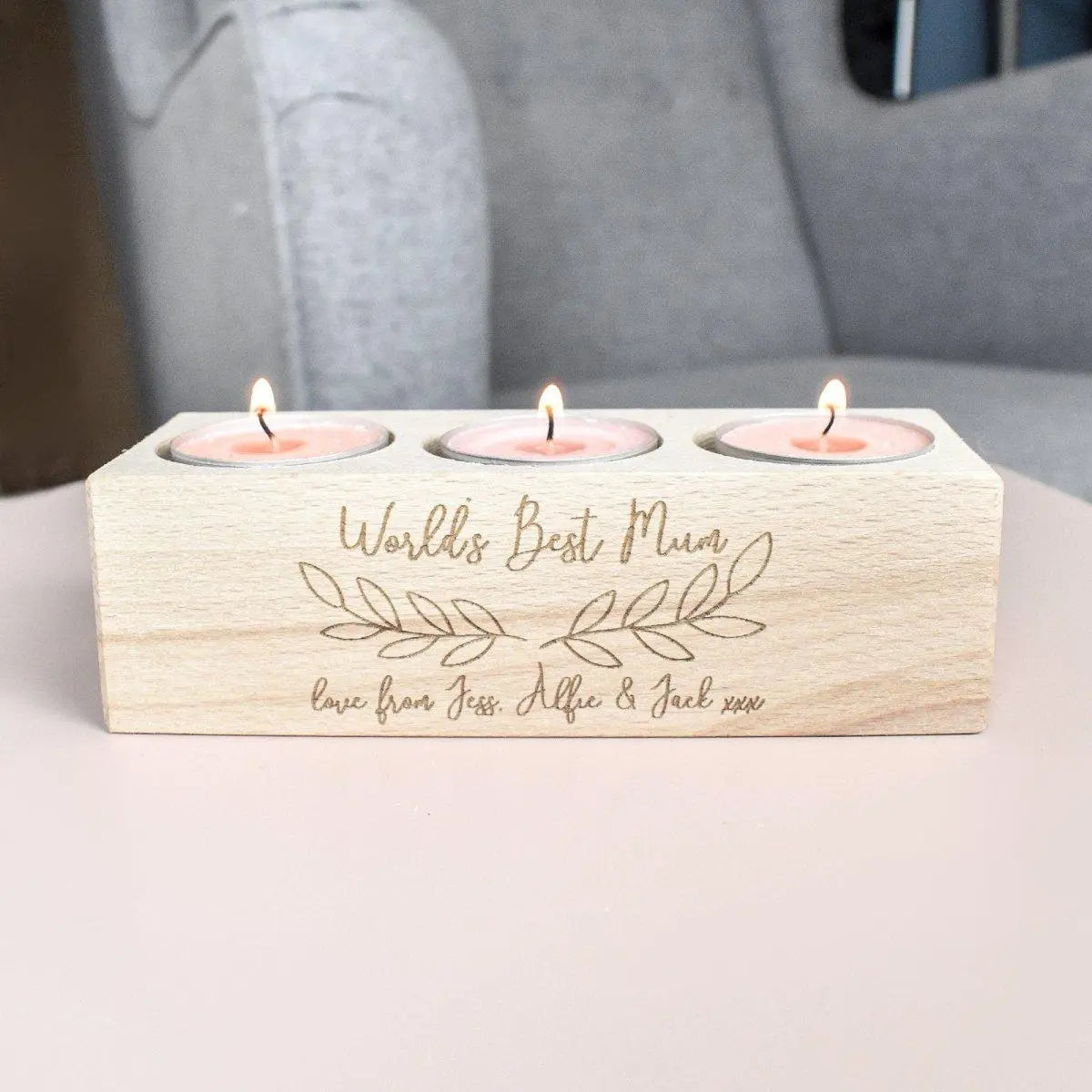 Personalised Mother&#39;s Day Tealight Holder with Candles, Engraved Candleholder, Mother&#39;s Day Candle, Personalised Gift for Mum, Wooden Candle - Amy Lucy