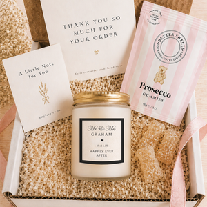 Close-up of the personalised label on the personalised Mr & Mrs Wedding Candle Gift