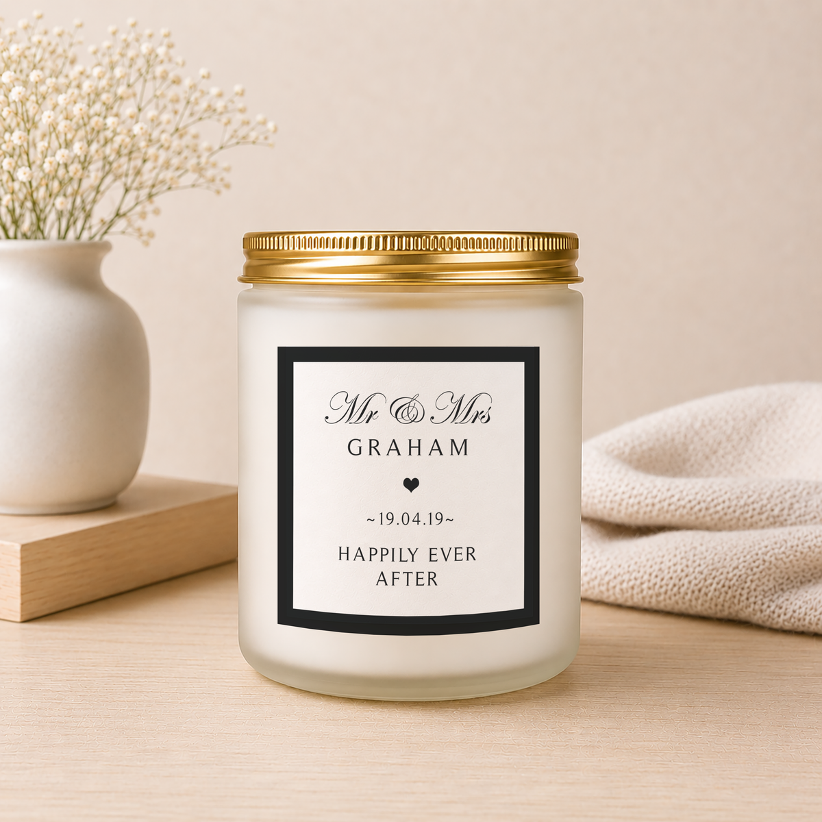 Personalised Mr & Mrs Wedding Candle Gift styled as a thoughtful gift