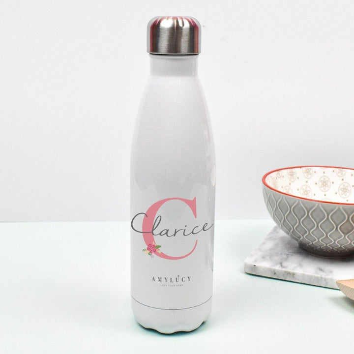 Personalised Name Bottle, Flower School Heat Flask, Work Metal Water Bottle, Initial School Water Bottle, Drinks Cup, School Flask, Flowers - Amy Lucy