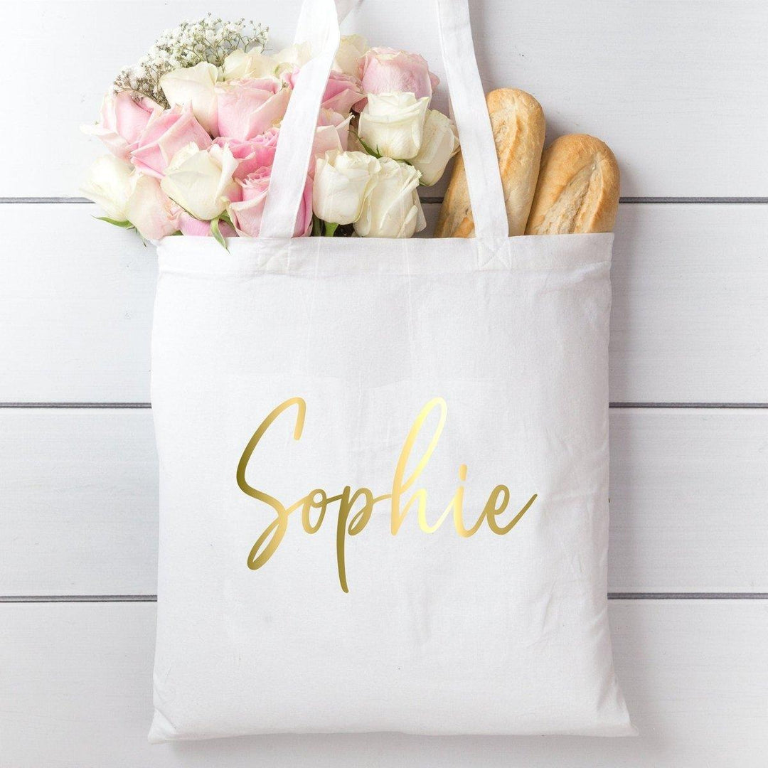 Personalised Name Tote Bag, Any Name Personalised Bag, White Personalised Bag, Bridesmaid Gift Bag, Teenager Tote Bag, Gold Name, Tote Bag - Amy Lucy