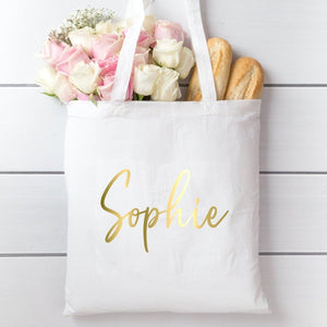 Personalised Name Tote Bag, Any Name Personalised Bag, White Personalised Bag, Bridesmaid Gift Bag, Teenager Tote Bag, Gold Name, Tote Bag - Amy Lucy