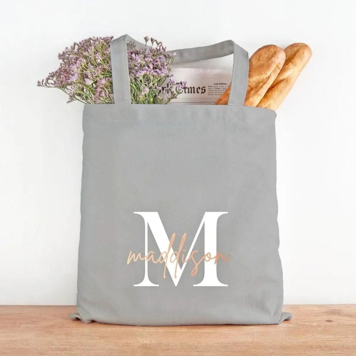 Personalised Name Tote Bag, Monogram Tote Bag, Initial Tote Bag, Personalised Tote Bag, Grey Rose Gold Bag, Bridesmaid Bag, Name Initial Bag - Amy Lucy