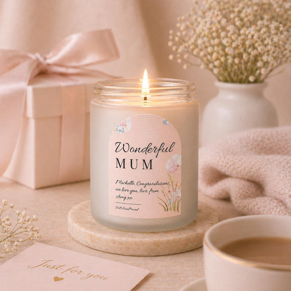 Close-up of the personalised label on the personalised New Baby Candle Gift