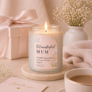 Close-up of the personalised label on the personalised New Baby Candle Gift