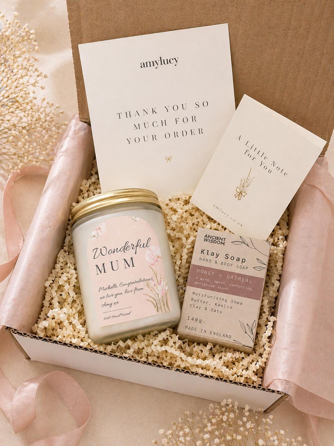 Overhead view of the personalised New Baby Candle Gift