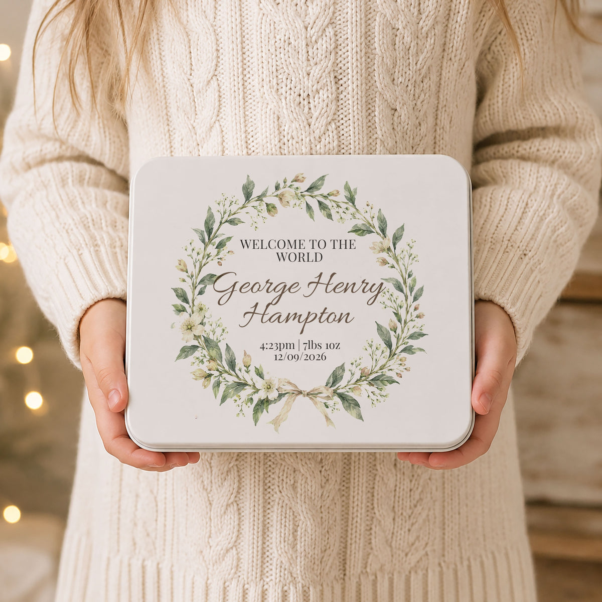 Personalised new baby keepsake tin in green floral design with name, birth time, weight and date