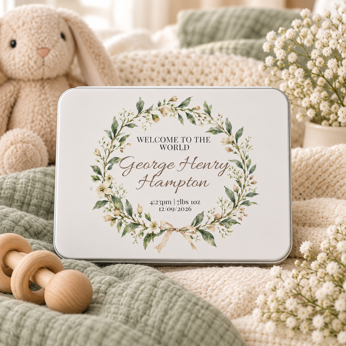 Personalised new baby keepsake tin in green floral design styled with soft Little Lucy nursery props