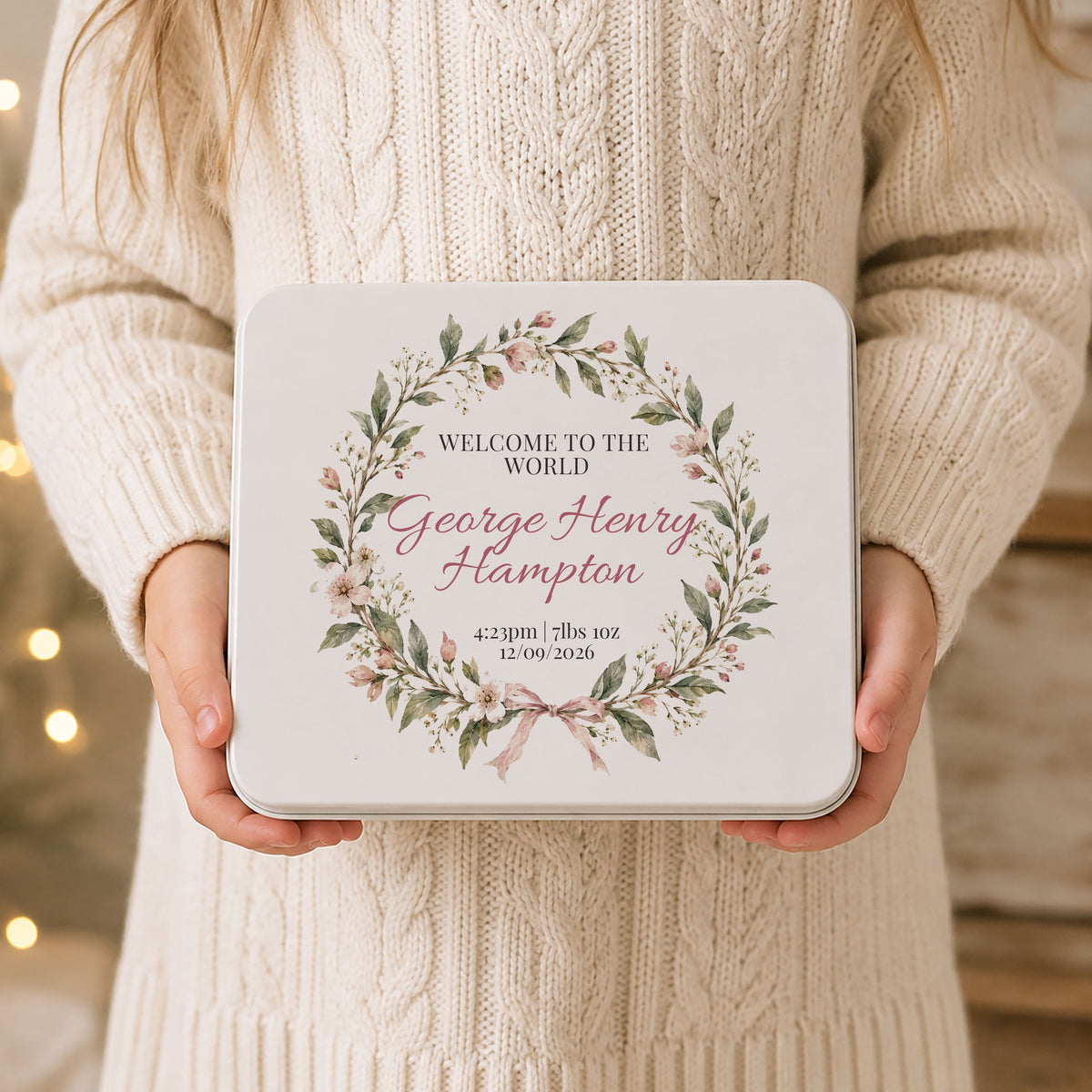 Personalised new baby keepsake tin in pink floral design with name, birth time, weight and date