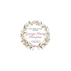 Pink floral new baby keepsake tin artwork with personalised birth details