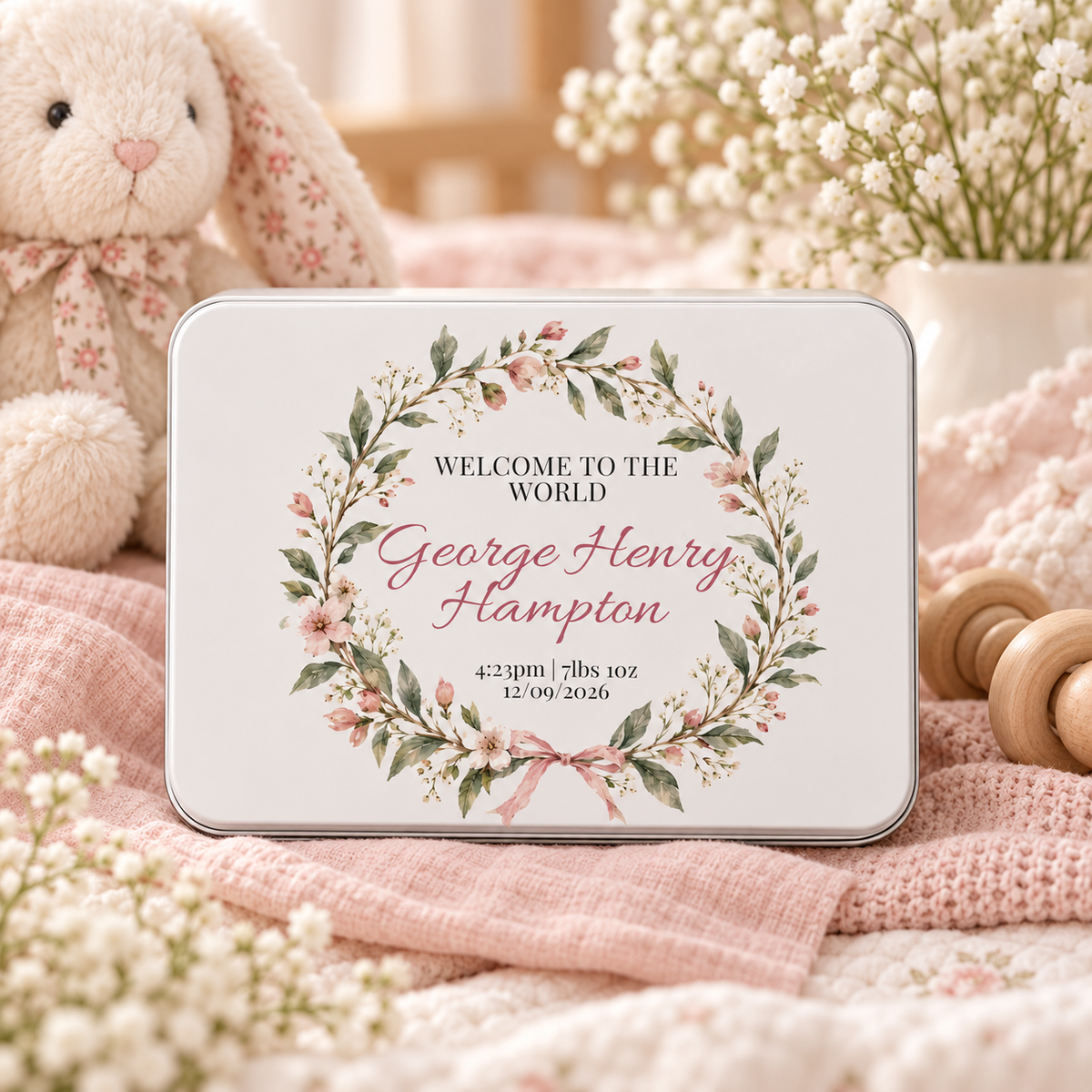 Personalised new baby keepsake tin in pink floral design styled with soft Little Lucy nursery props