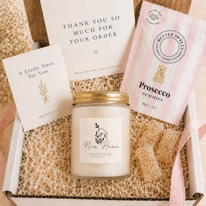Close-up of the personalised label on the personalised New Home Candle Gift