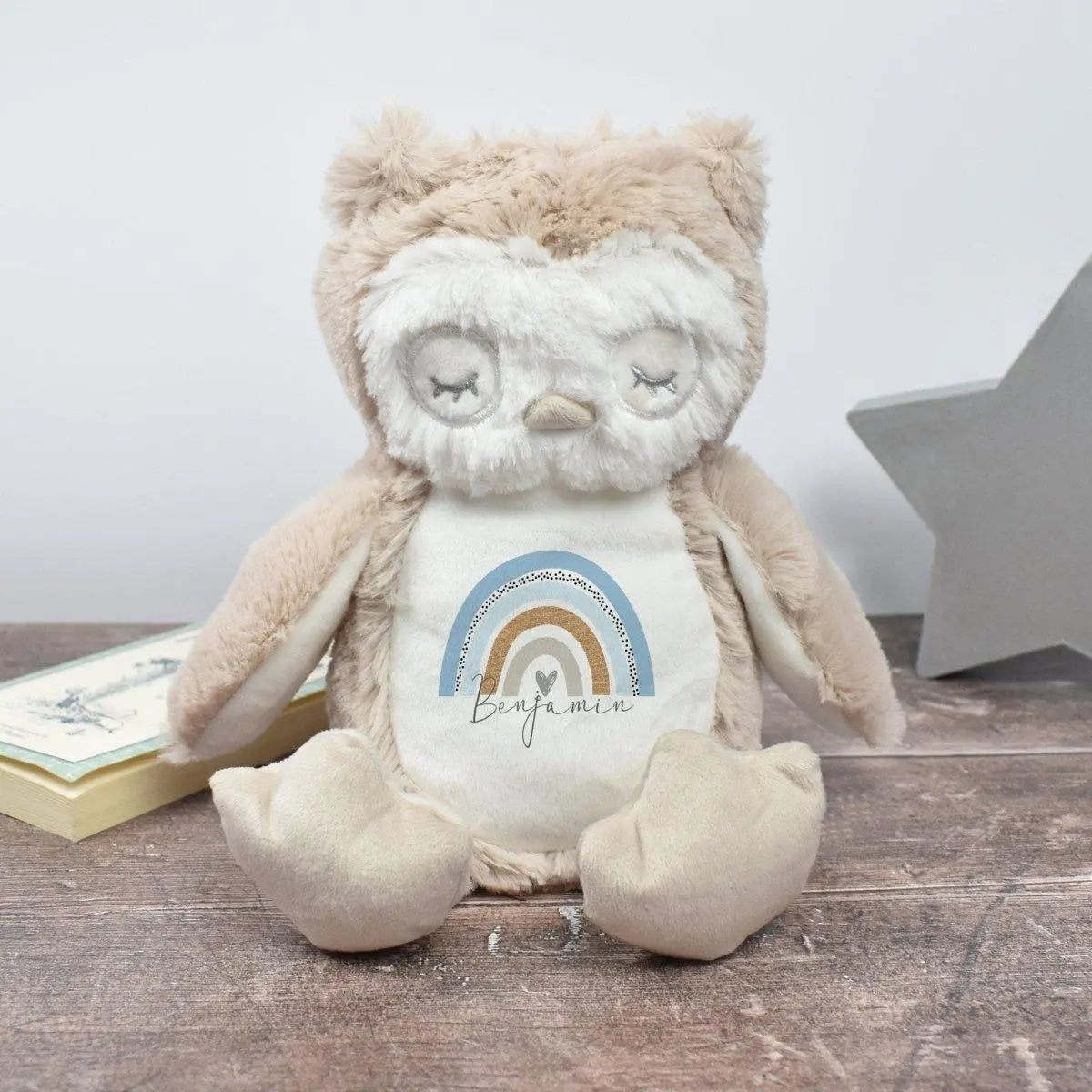 Personalised Owl Teddy, Blue Rainbow Teddy, New Baby Gift, Customised Cuddly Toy, Baby Boy Gift, Rainbow Nursery Decor, Soft Toy, Owl Teddy - Amy Lucy