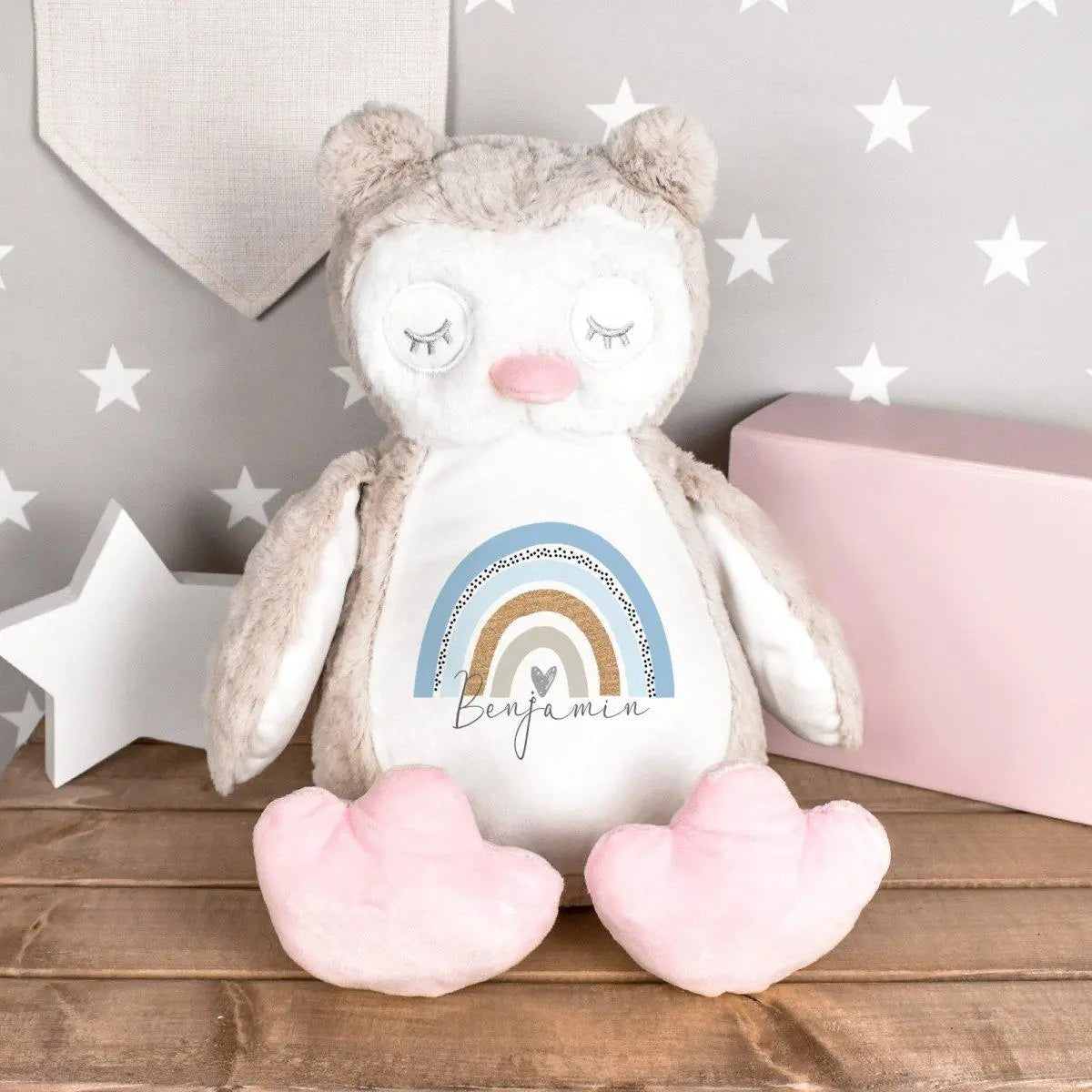 Personalised Owl Teddy, Blue Rainbow Teddy, New Baby Gift, Customised Cuddly Toy, Baby Boy Gift, Rainbow Nursery Decor, Soft Toy, Owl Teddy - Amy Lucy