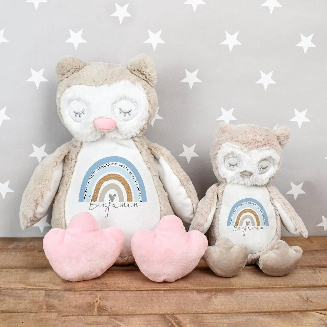 Personalised Owl Teddy, Blue Rainbow Teddy, New Baby Gift, Customised Cuddly Toy, Baby Boy Gift, Rainbow Nursery Decor, Soft Toy, Owl Teddy - Amy Lucy