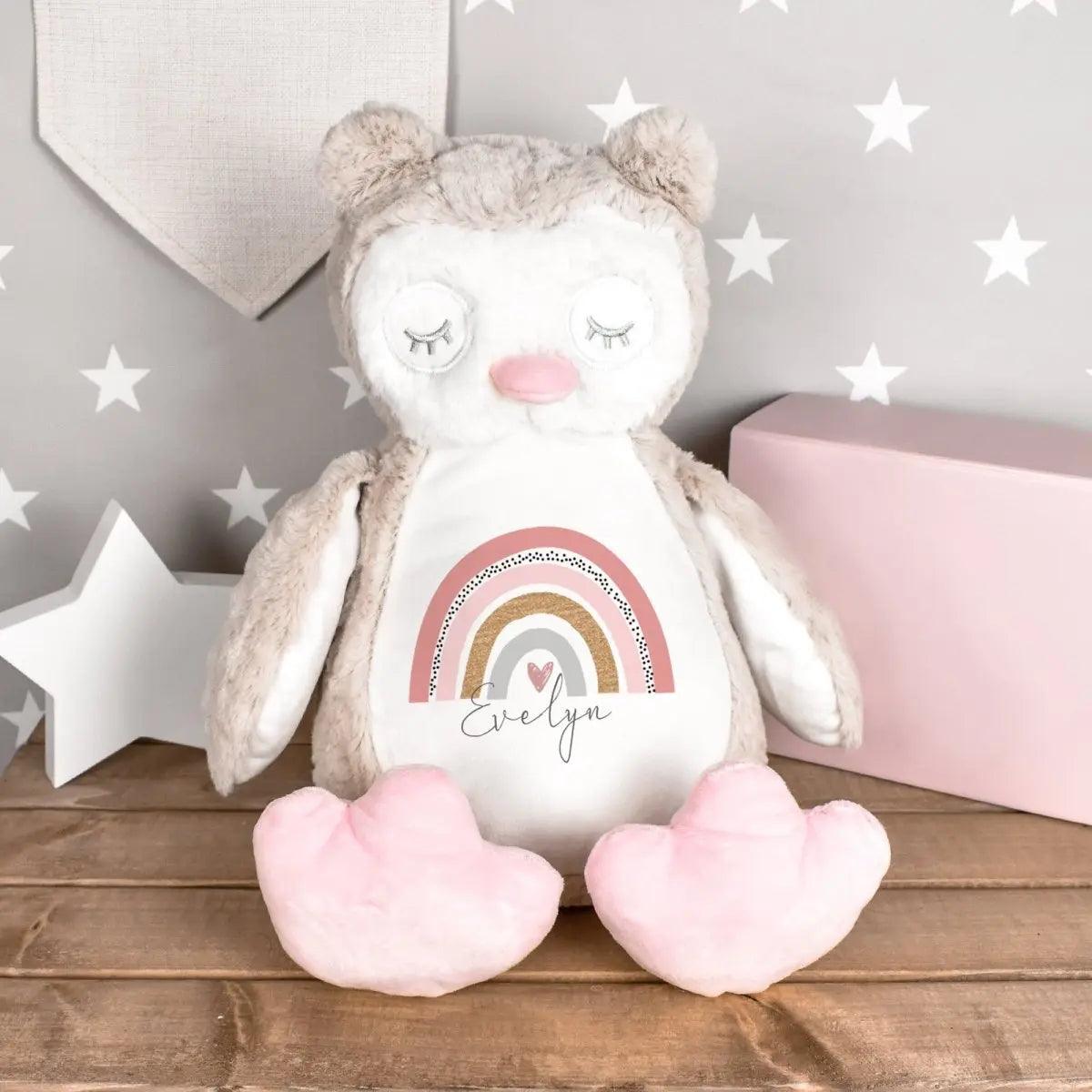 Personalised Owl Teddy, Personalised Plush Toy, Baby Girl Gift, Custom Soft Toy, Pink Rainbow Teddy, Teddy Nursery Decor, New Arrival Gift - Amy Lucy
