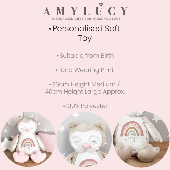 Personalised Owl Teddy, Personalised Plush Toy, Baby Girl Gift, Custom Soft Toy, Pink Rainbow Teddy, Teddy Nursery Decor, New Arrival Gift - Amy Lucy