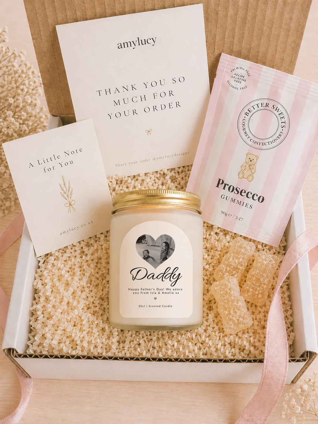 Close-up of the personalised label on the personalised Photo Candle Gift for Dad