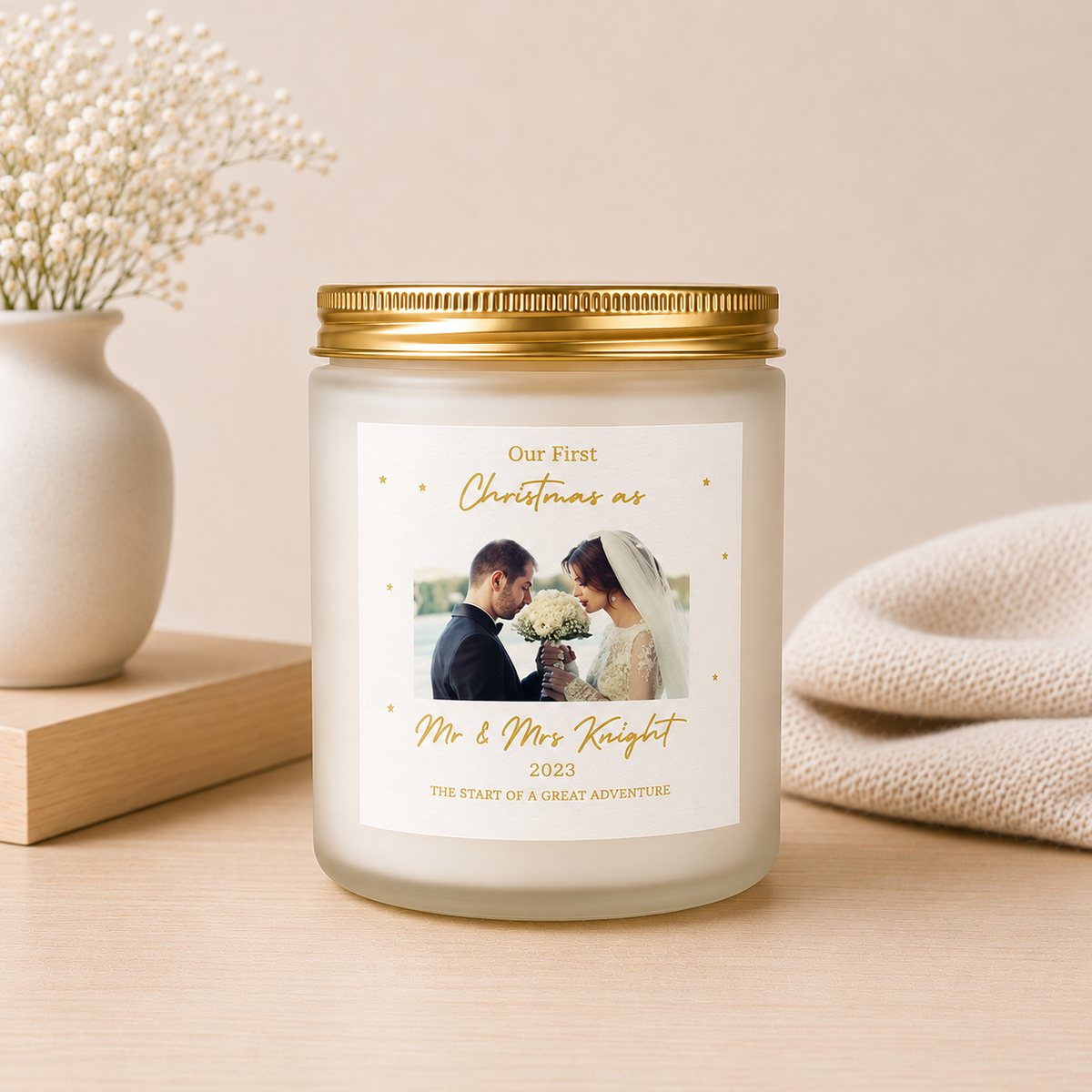 Personalised Photo First Christmas as Mr & Mrs Candle in a frosted glass jar with gold lid